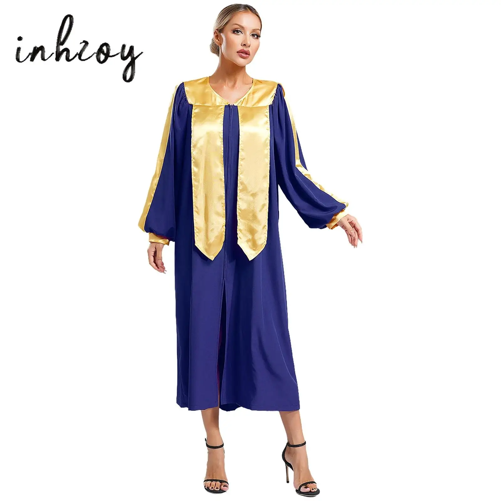 

Womens Mens Liturgical Priase Dance Dress Choir Robe Halloween Cosplay Theme Party Costume V-neck Long Sleeve Color Block Gown