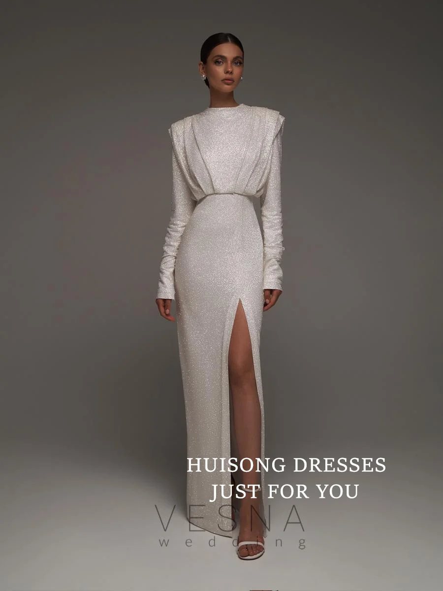 

HUISONG Customized Glitter Mermaid Wedding Dresses O-Neck Long Sleeves Side Split Beach Bridal Gown свадебное платье