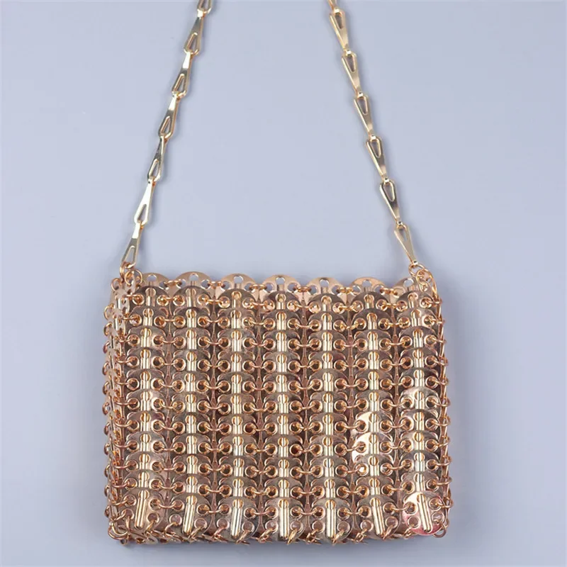 New Design Silver Gold Metal Sequins Chain Woven Bag Women Hollow Evening Bags Clutch Luxury Wedding Shoulder Crossbody Bag