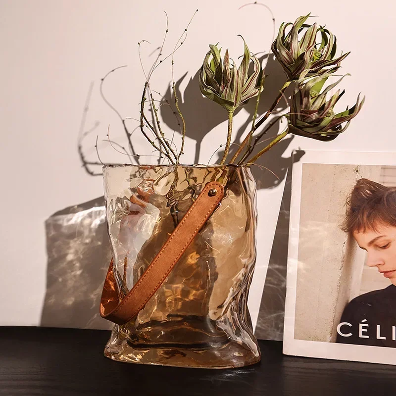 

16wwA1 Creative Glass Vase Bag Shape Leather Handbag Terrarium Transparent Hydroponics Flower Pot Home Decoration Accessories