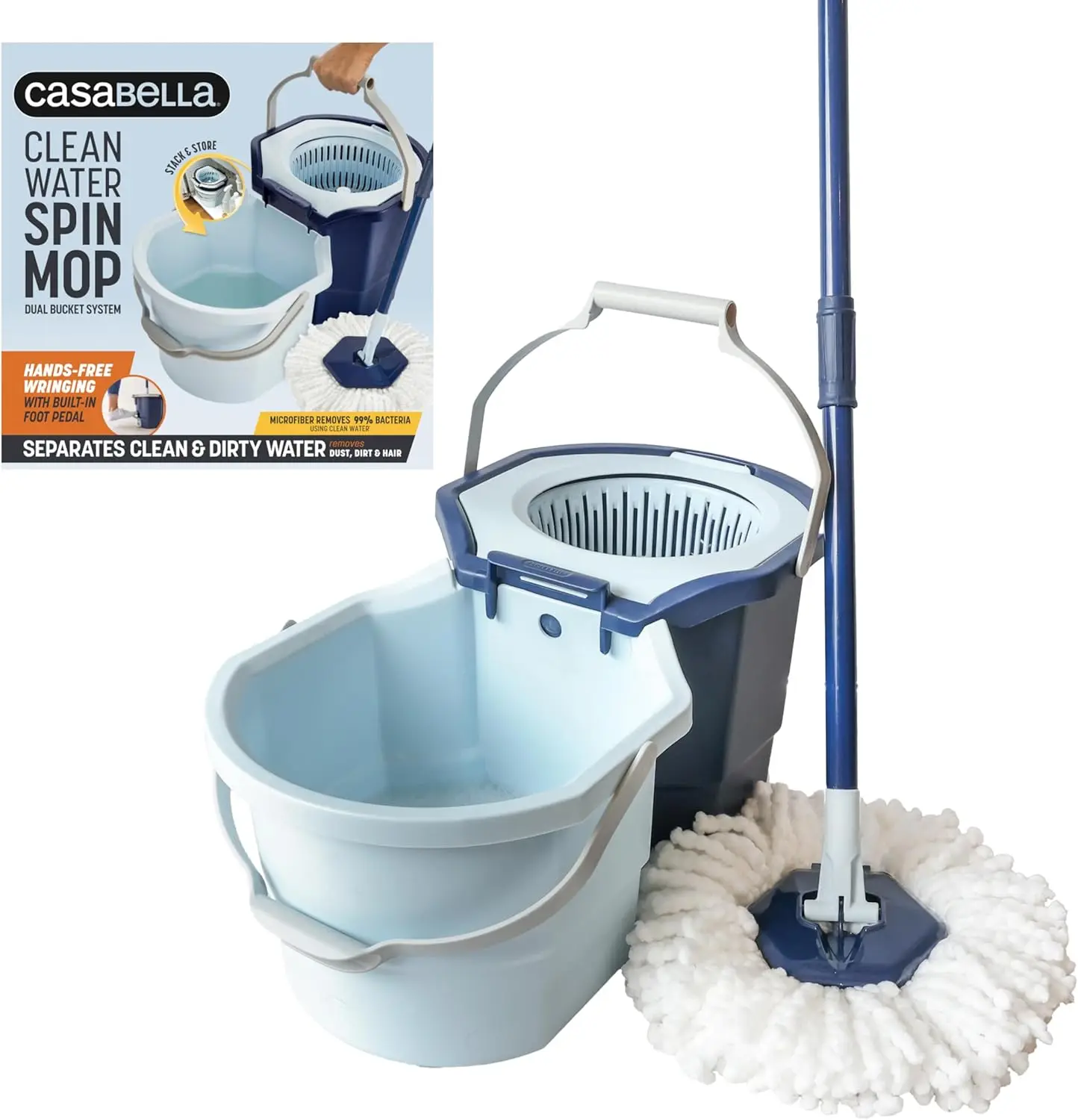 

Efficient Spin Mop with Dual-Bucket System, Microfiber Cleaning for Floors, Blue/White Set