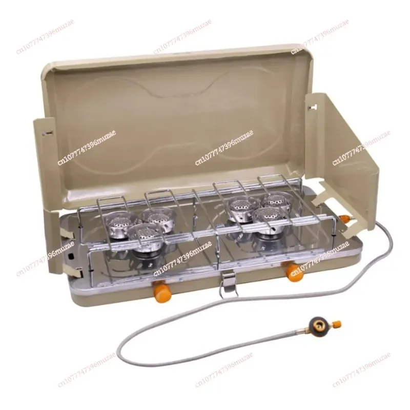 Fogão a gás portátil ao ar livre, forno de queimadores duplos, alta potência, grelha dobrável à prova de vento