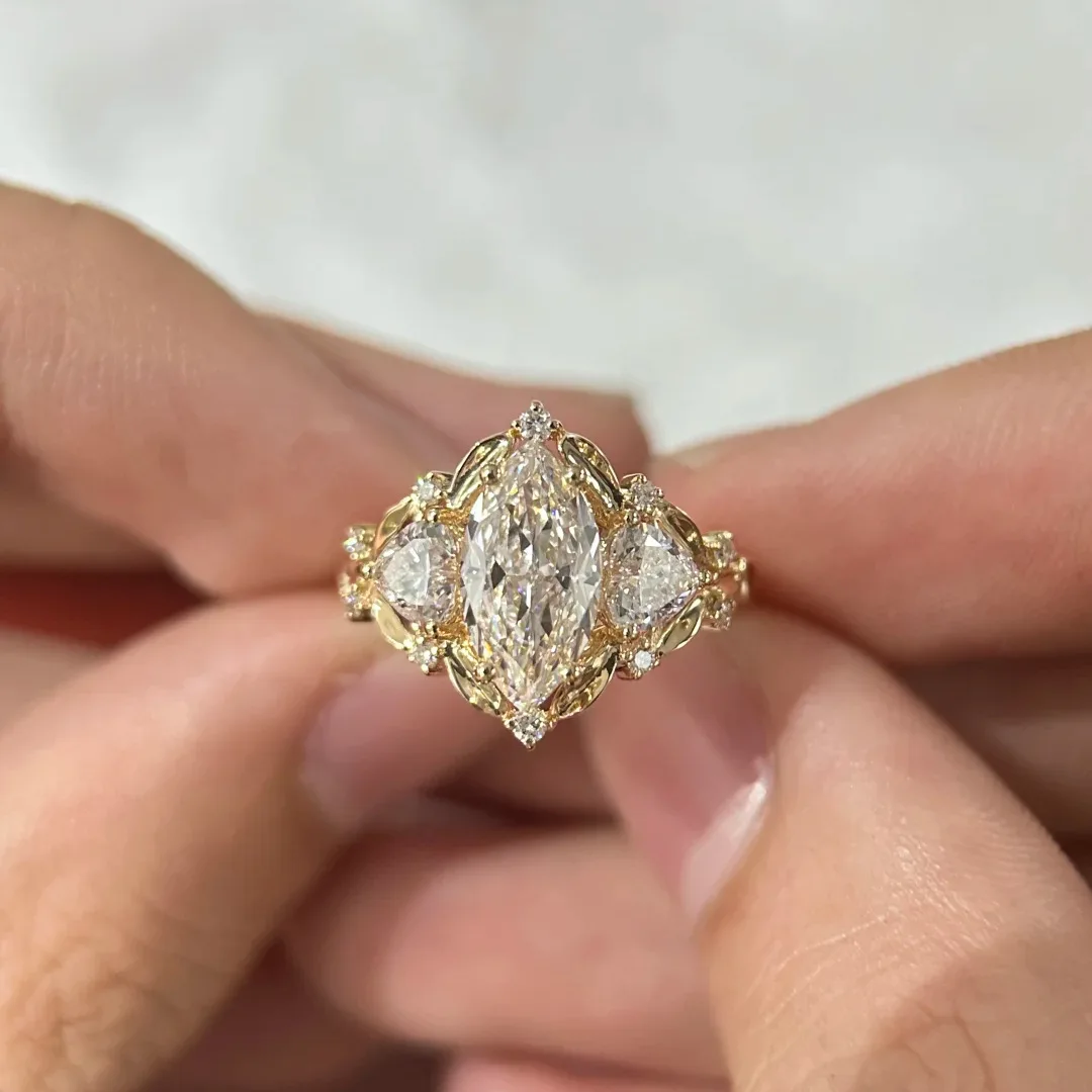 Vintage Gold Color Marquise Cut Cubic Zirconia Three Stone Engagement Ring for Women Art Deco Wedding Promise Statement Jewelry