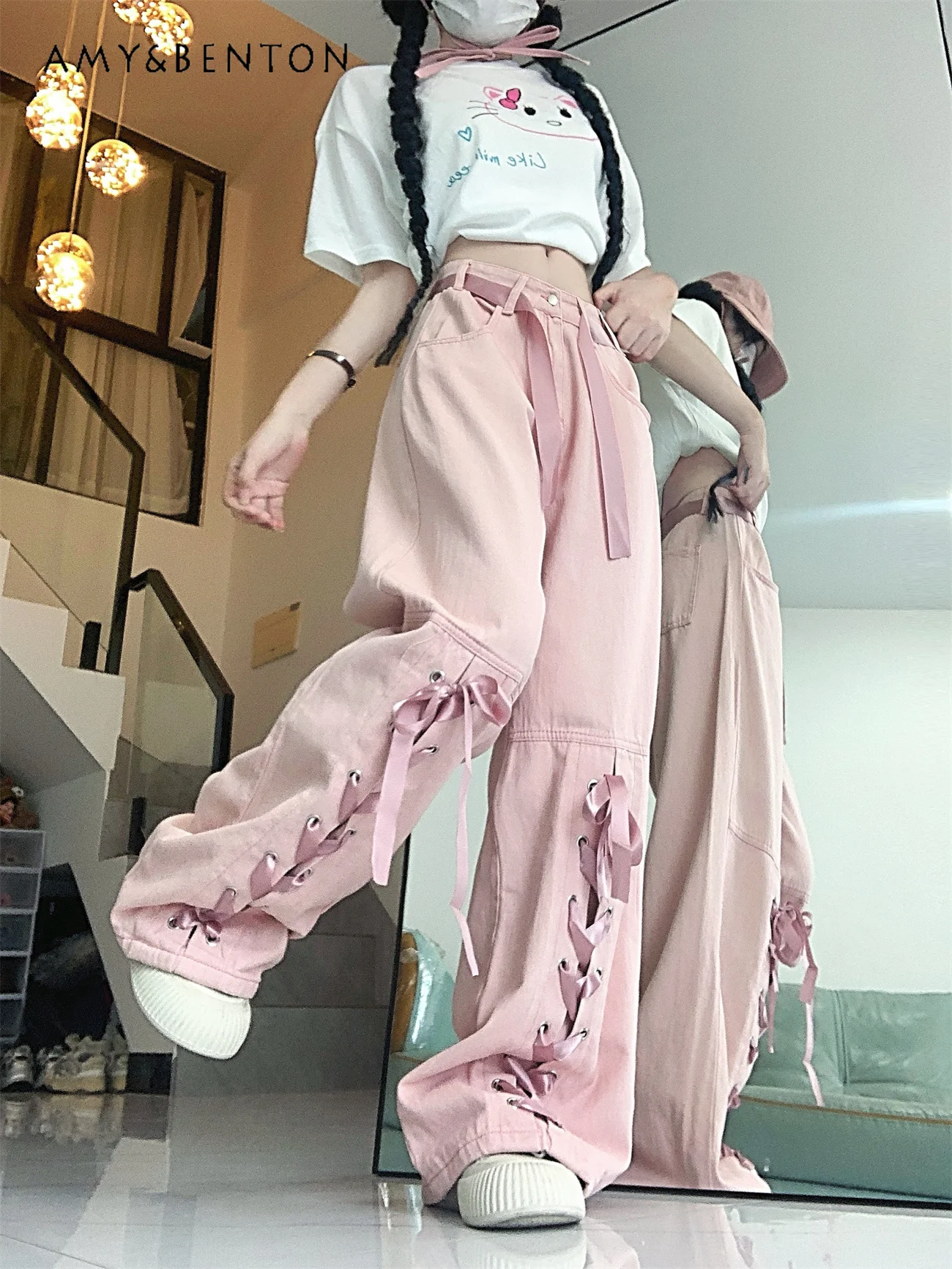 Dopamine Girl Bow Tie Strap Loose Cargo Jeans Women Spring Autumn New Sweet Cool High Waist Slim Fit Hot Girl Y2K Long Pants