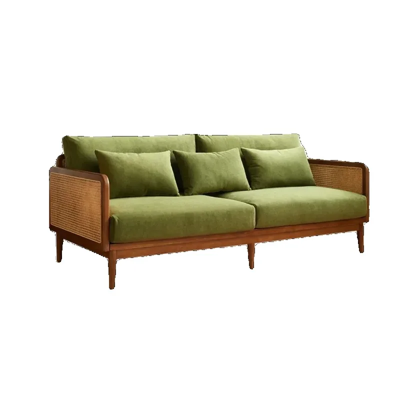 French Retro Sofa Small Apartment Living Room Three-person Green Velvet Solid Wood Straight Row Double Sofa Living  Furniture