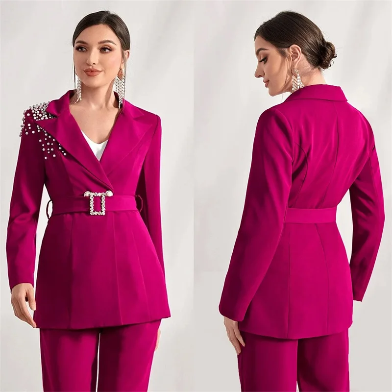 Pérolas de luxo feminino terno conjunto blazer + calças 2 peça primavera formal escritório baile casaco com cinto feito sob encomenda