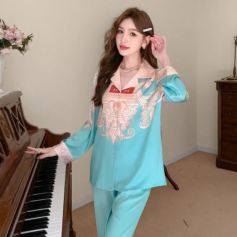 Spring Satin Lapel Pyjama Set Nightwear Women Long Sleeve Soft Button Sleepwear 2Pcs