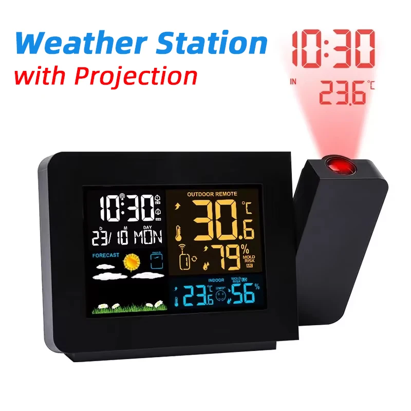 EU Plug Digital Alarm Clock Weather Station LED Temperature Humidity Weather Forecast Snooze Table Clock With Time Projection
