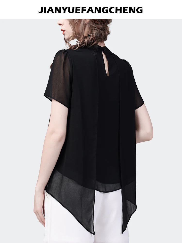 2024 Summer Design Short sleeved Black Chiffon Cloak Top Women\'s Embroidered Bottom Casual Blouses Western Style Shirt