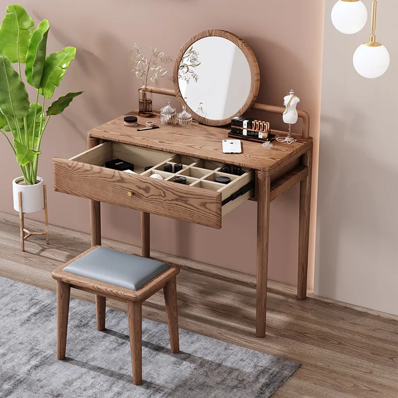 For All Solid Wood Dresser, Bedroom Ash Wood Makeup Table and Chairs