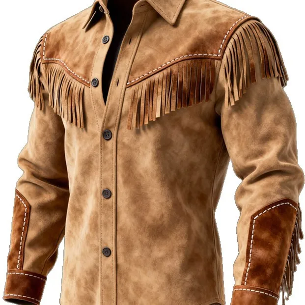 Cowboy Tee Shirts For Men Fashion Vintage Suede Fringe Jacket Long Sleeve Button Design Casual Party Wear Popular Tops For Man