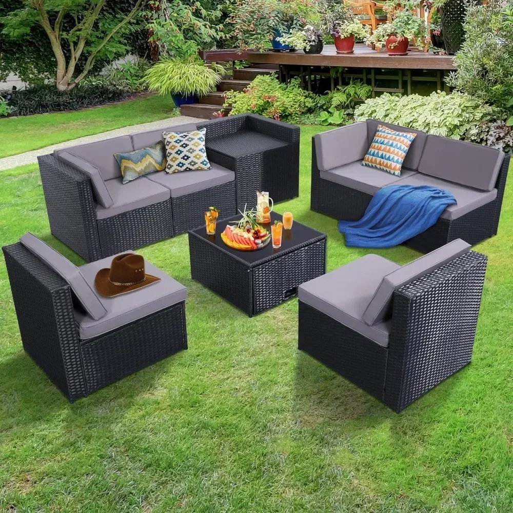 

y 8-piece outdoor wicker terrace furniture set with large storage and glass tabletop, 7 padded sofas and 1 oversized table