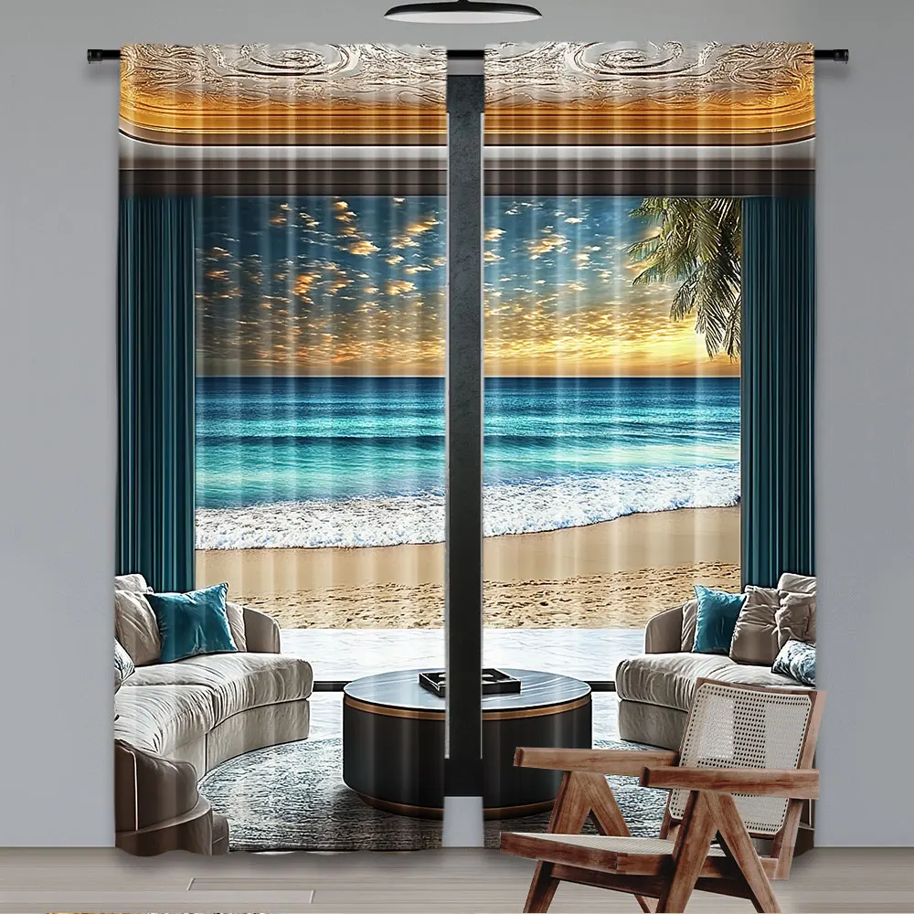 2Pcs Fantasy Scenery Curtain Abstract Seascape Ocean Horizon With Oriental Detailed Room Curtain For Bedroom Living Room And