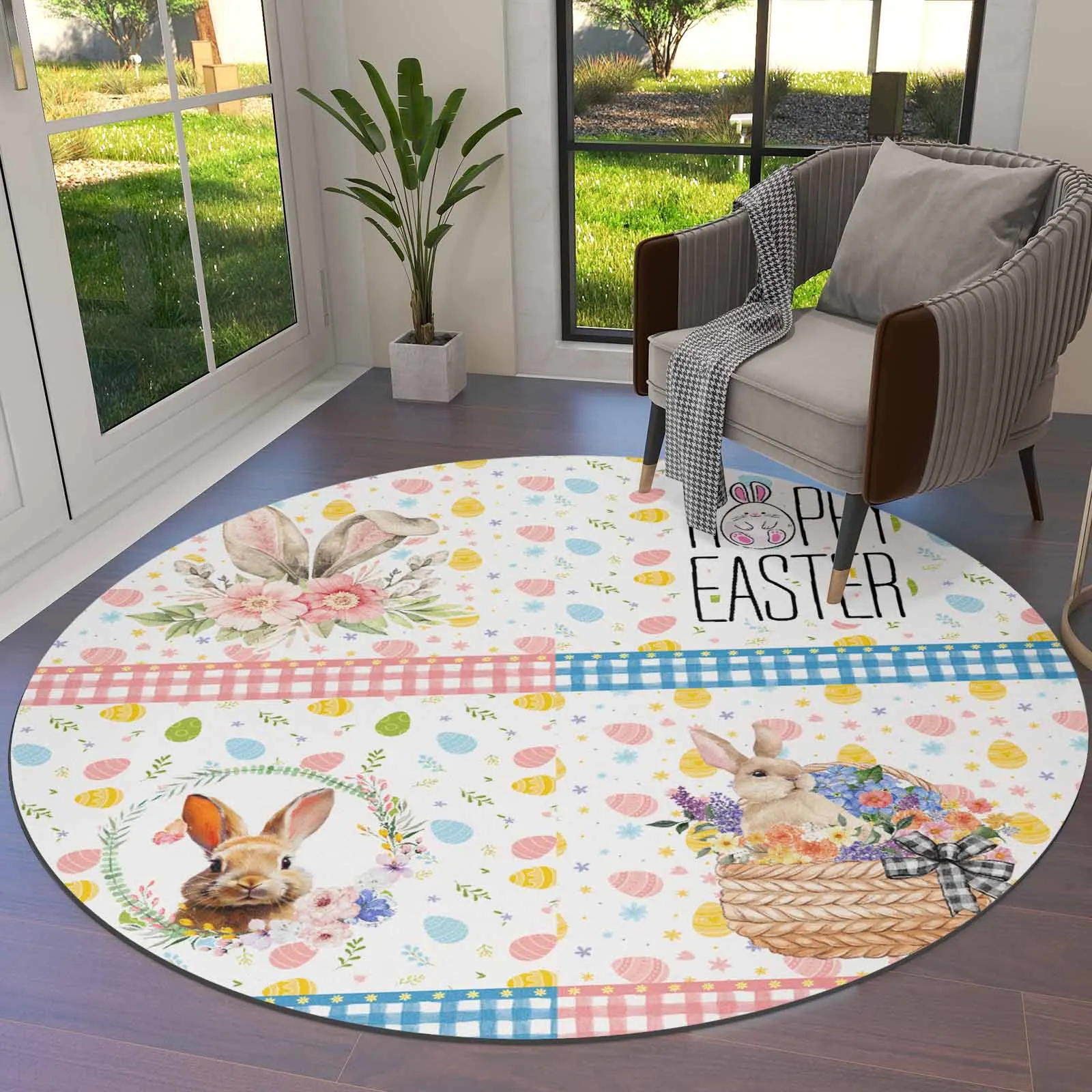 

Easter Egg Texture Watercolor Rabbit Round Area Rug Carpets For Living Room Large Mat Home Bedroom Kid Room Decoration