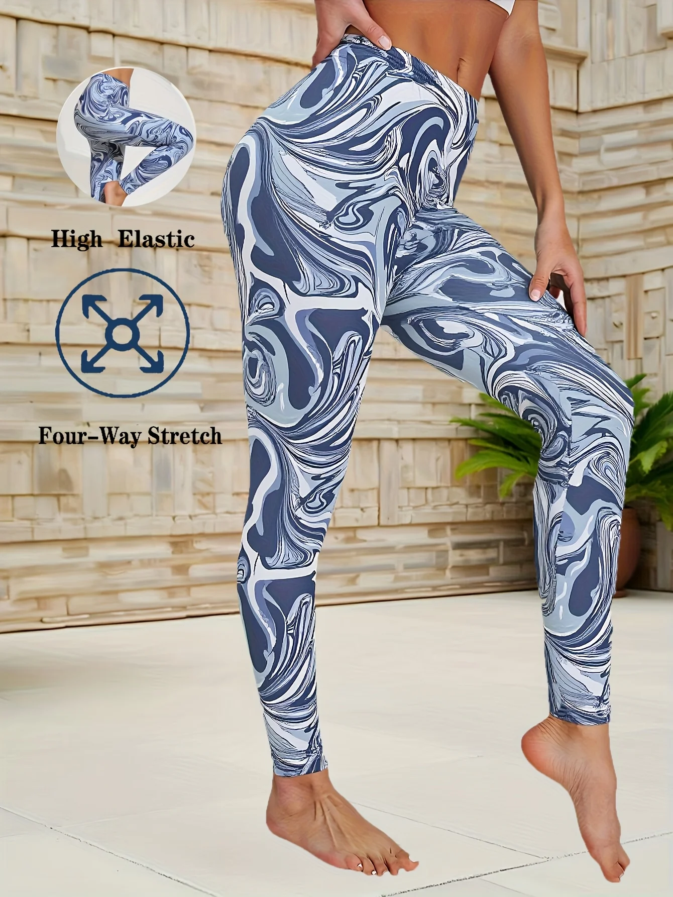 Women Fleece‑Lined Leggings Blue White Marble Swirl Print Mid‑Waist Winter Warm Bottoms