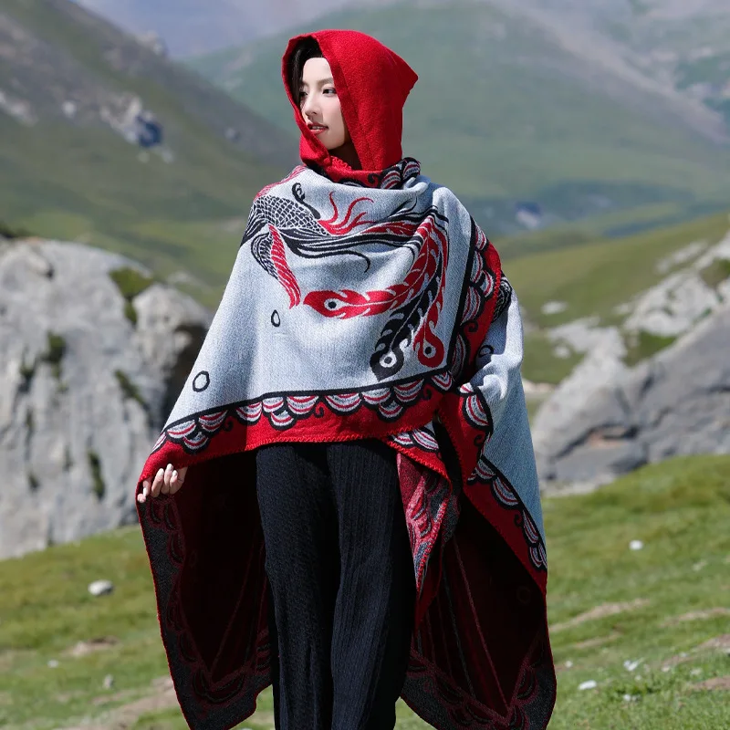 

New Poncho Imitation Cashmere Retro Ethnic Split Cape Coat for Women Travel Photography and Fashion Scarf Warm Cloak