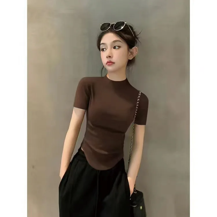 

2025 New Summer Half-high Neck Short-sleeved Bottoming Shirt for Women Curved Hem Tight Versatile Top