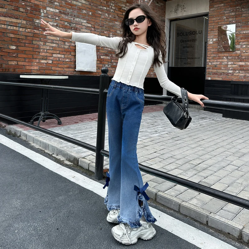 Daughter children's fashion bow gradient jeans 2025 new style children's bell bottom pants elastic waist spring and autumn