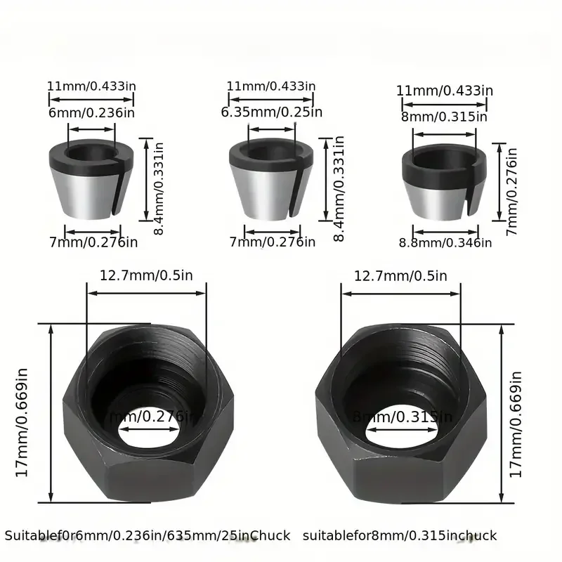 3/5pcs Woodworking Router Bit Set with Convertible Collet Chuck Adapters 6mm/6.35mm/7mm/7.5mm/8mm Shank Adapter with Nut