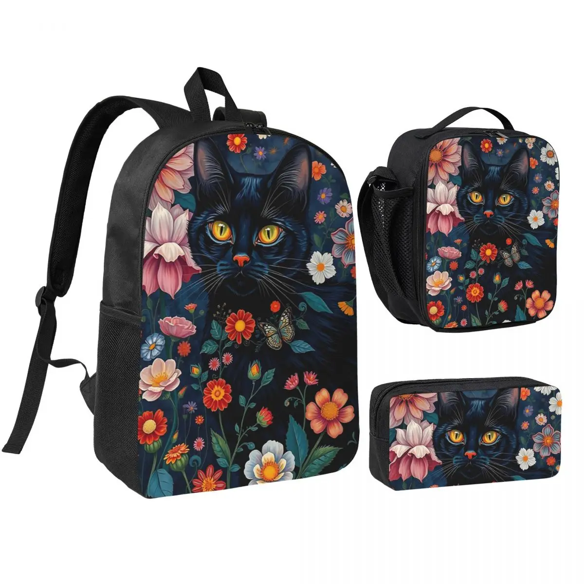 Black Cat In Flower Garden Backpack Student BookBag School Bag Shoulder Bags 3ps Insulated Lunch Bag Pencil Case