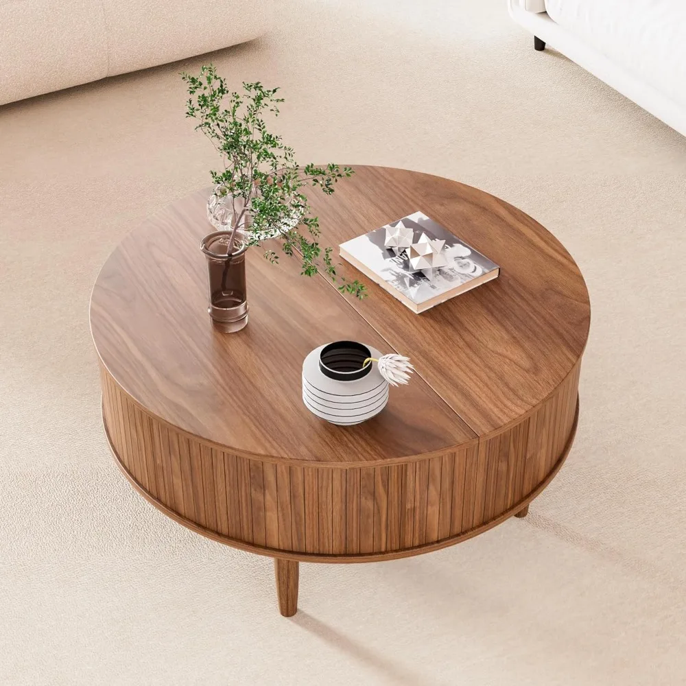 Mesa de centro redonda canelada com armazenamento, mesa de centro moderna de meados do século para sala de estar, espaço pequeno para casa, canelada de 31,5"