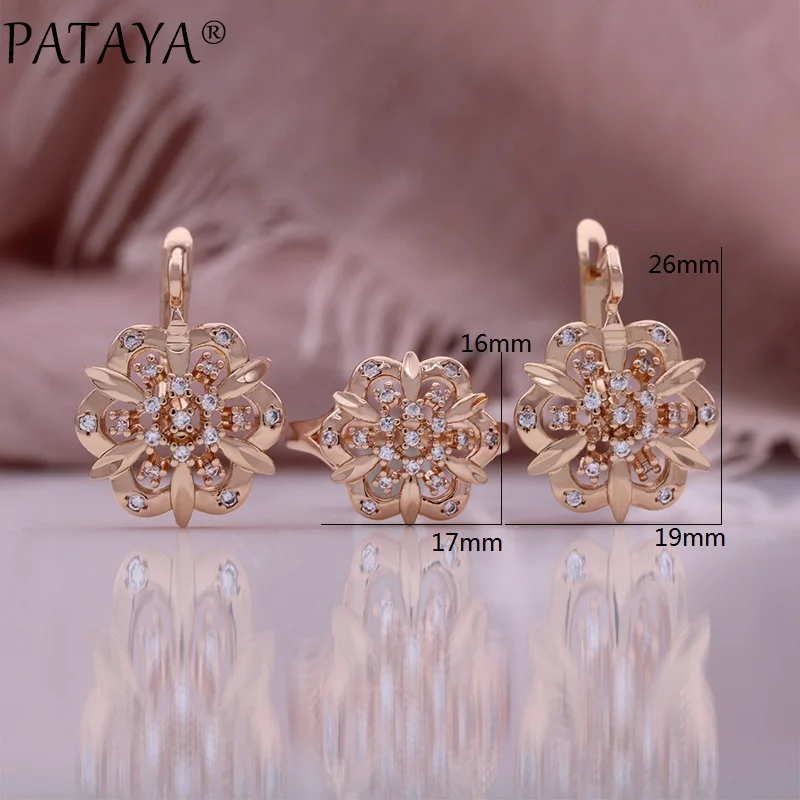 PATAYA 585 Rose Gold Color Round Flower Cubic Zircon Earrings Rings Sets Necklace Chain Jewelry 2024 New Set for Women