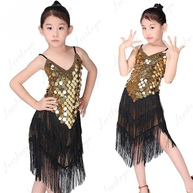 라틴 댄스 공연 의상을 위한 어린이용 스팽글 드레스, 공연용 어린이용 프린지 드레스, 무대 대회 의상