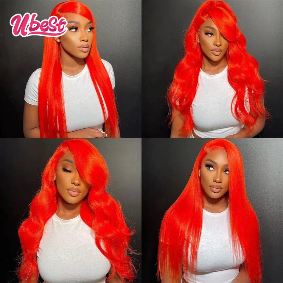 Ubest Wig rambut manusia 13X6 warna merah oranye 613 gelombang tubuh 13x4 Wig rambut manusia depan renda transparan untuk wanita