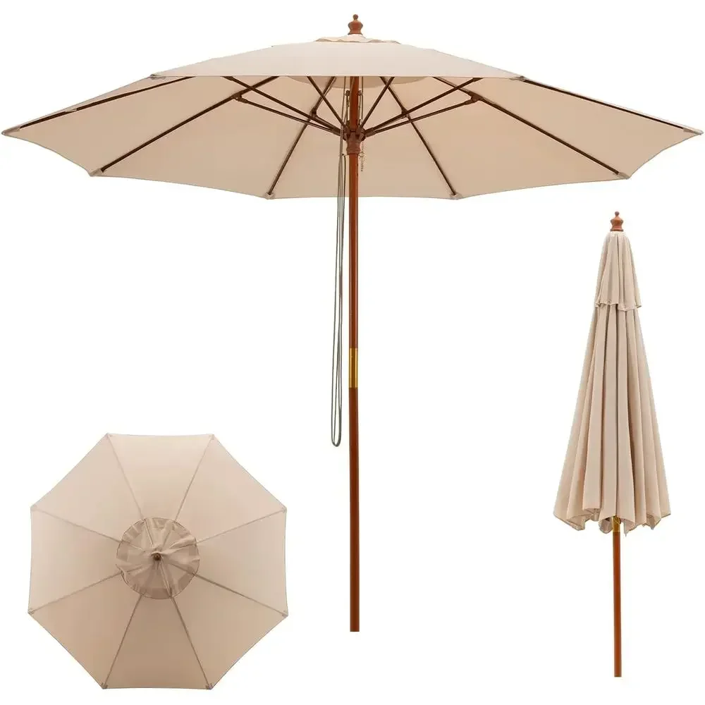 

9.5ft Wooden Patio Umbrella with Rope Pulley, 8 Fiberglass Ribs, Adjustable Height, Vented Roof for Outdoor Garden and Poolside