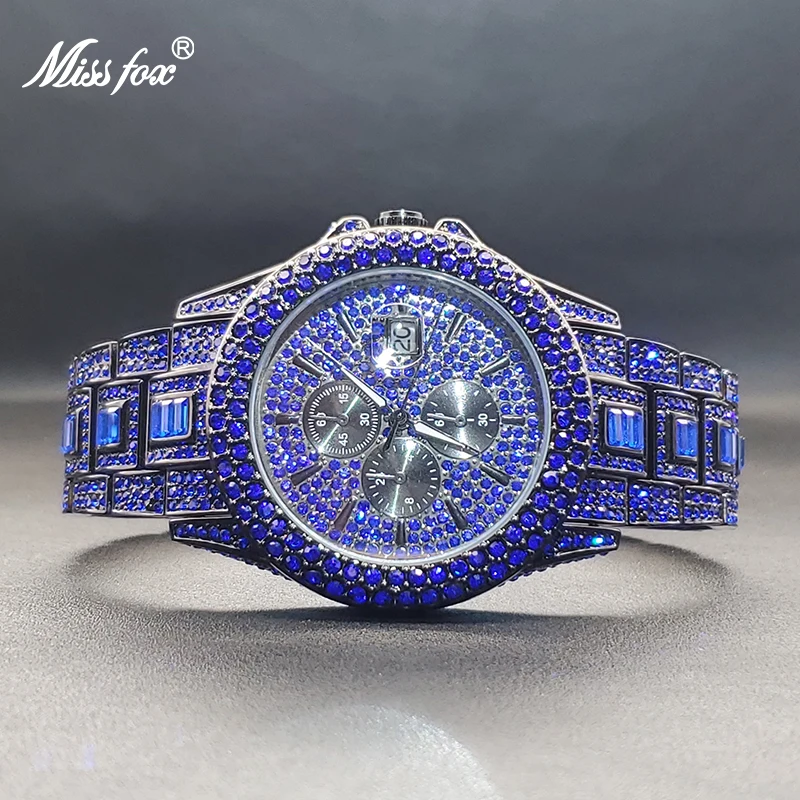 Men Watch With Blue Diamond Special Trendy Hip Hop Quartz Wristwatches For Male Luxury Watches With Three Decorative Dials New