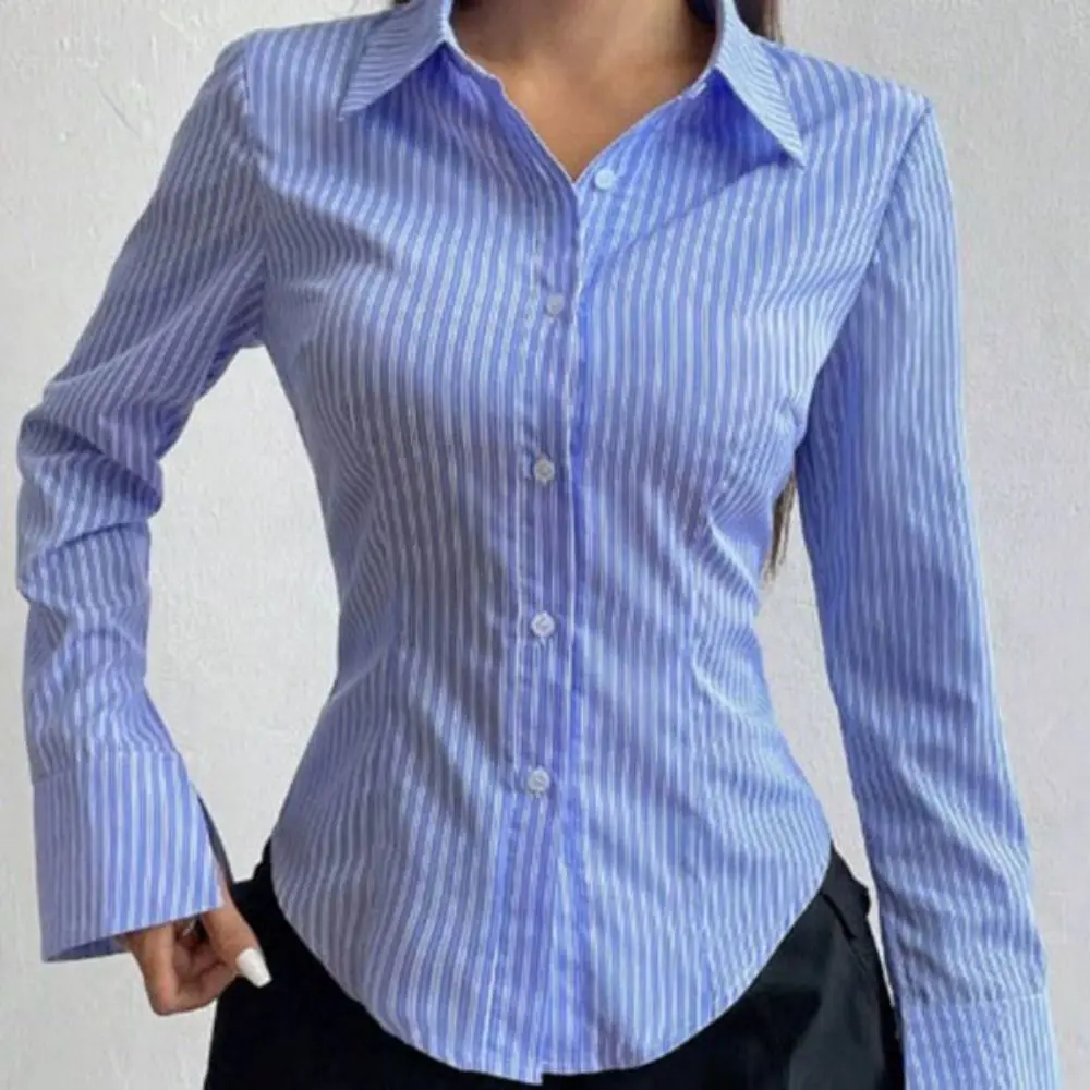 Elegant Classic Striped Long Sleeved Blouse Patchwork V-neck Stripe Shirts for Women Loose Korean Style Retro Chic Tops Girl