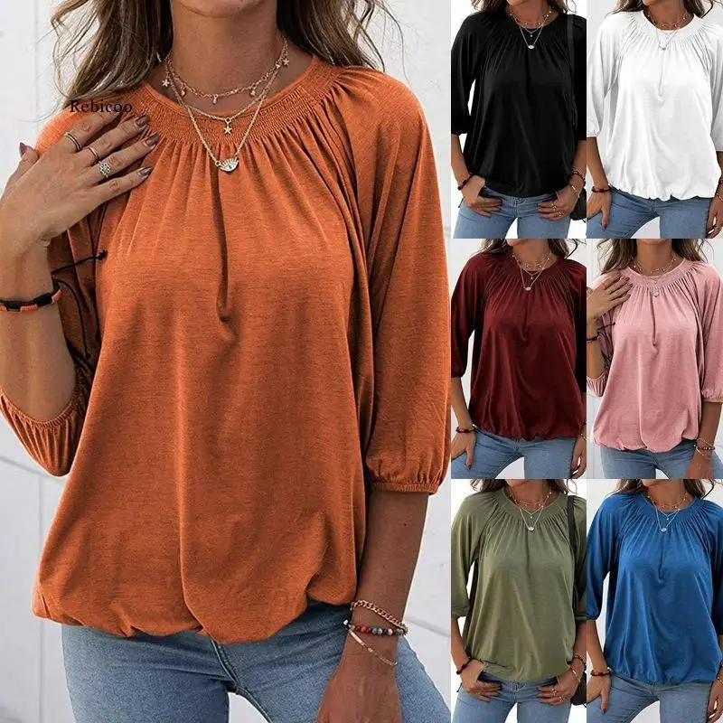 

Women Shirt 2022 Spring Summer New Solid Color Style Blouses Temperament Pullover Round Neck Loose Three-quarter Sleeve T-Shirt