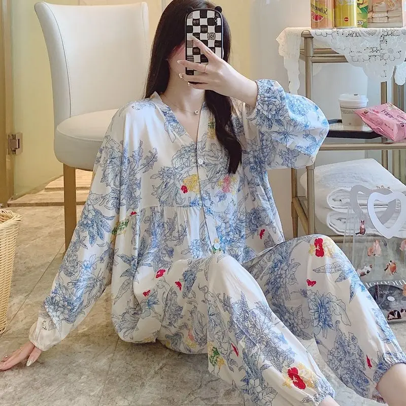 Cotton Silk Pajamas Women Spring Autumn Long Sleeve Summer Thin Silk Home Dress Rayon Cotton Set Cool Feeling Fat M Large Size