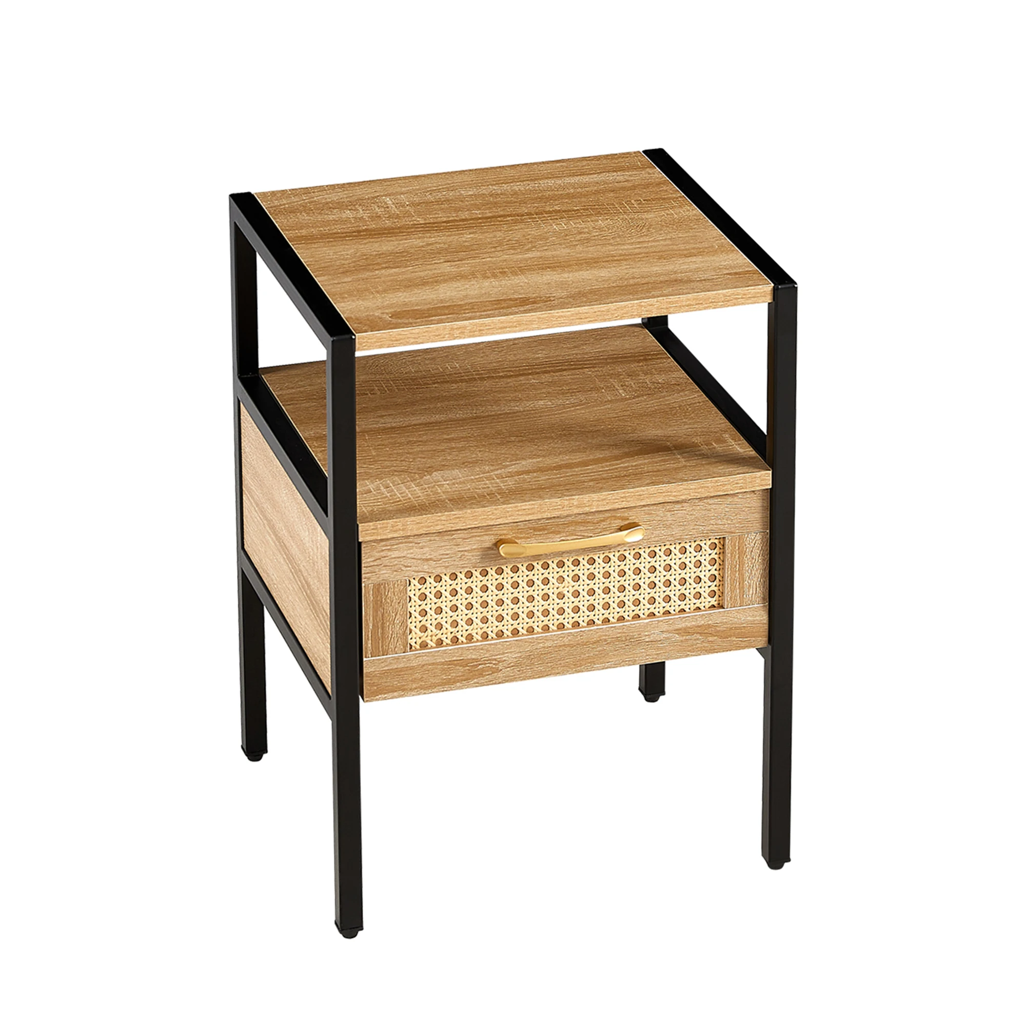 Table d'appoint en rotin avec tiroir, table de nuit moderne, pieds en métal, table de chevet pour salon, chambre à coucher, naturel, 15.75 po, 1 PC