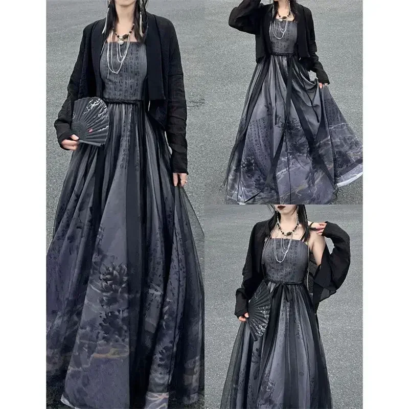 2024 Summer Improved Chinese Traditional Black Printed Hanfu Dress Two Piece Set Women Gothic Modern Halloween Cosplay Costume