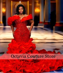 Aso Ebi African Red Off The Shoulder Evening Dresses For Black Girls Ruffles 2024 Birthday Luxury Dress Formal Gown Customized