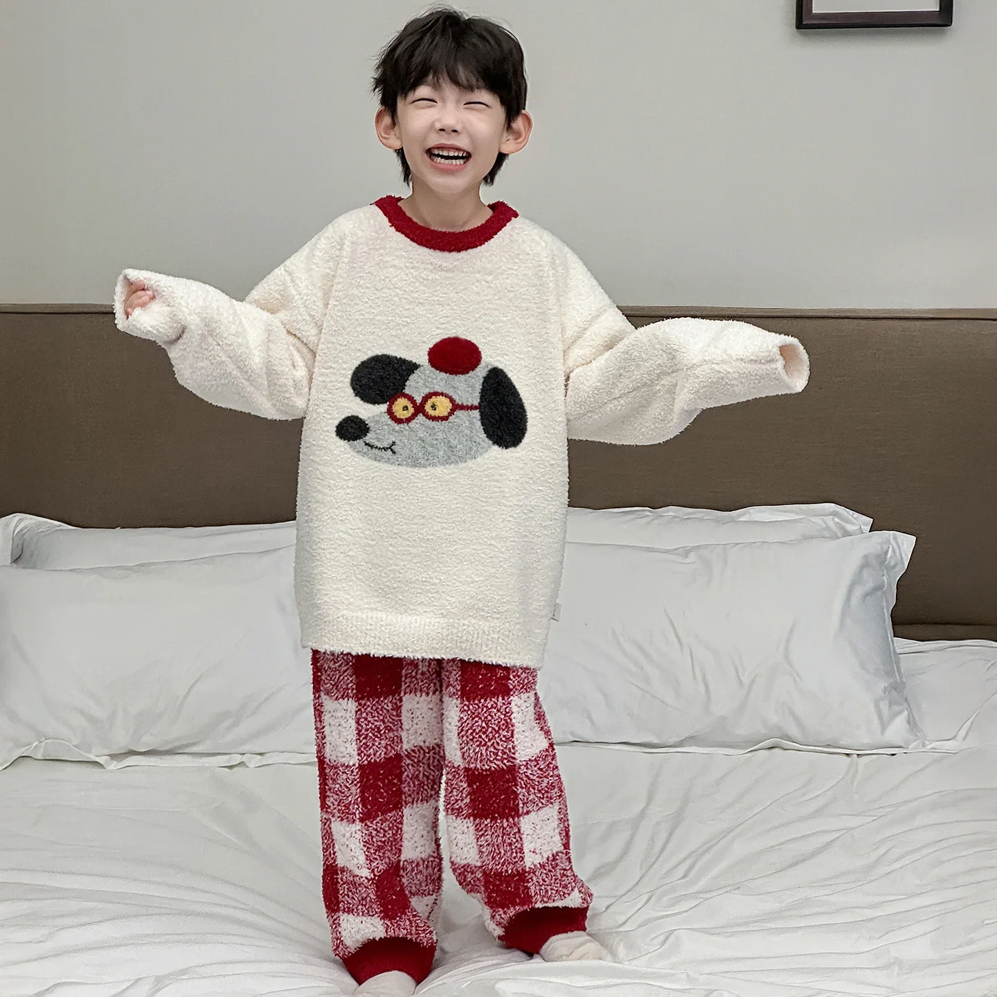 Boys Autumn and Winter Home Clothing Kids Korean Version 2025 New Plaid Thickened Warm Pajamas Kids Clothing Set Boutique