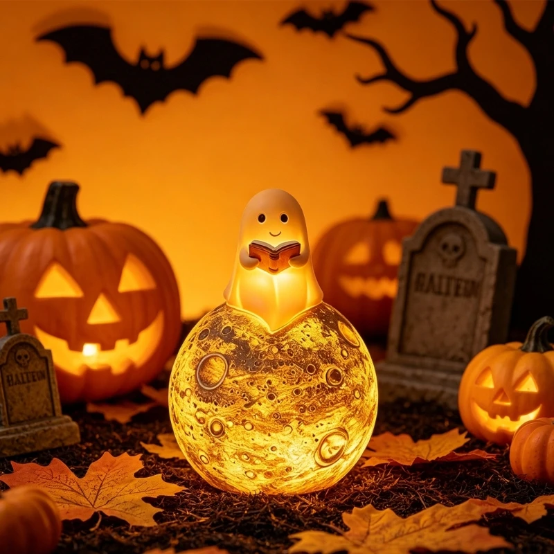 Reading Figure Night Light Resin Moon Decor Light With Warm Light, Small Bedside Accent for Halloween Bedroom Desk and M4YD