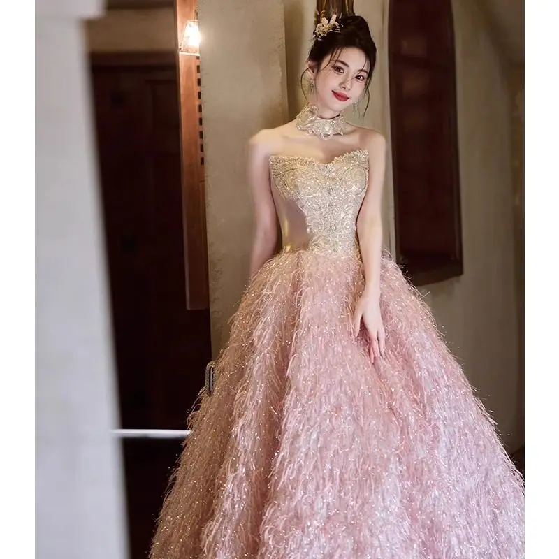 

High-End Evening Dress Female Pink Bra Banquet Light Luxury Senior Sense Student Day Adult Ceremony Art Exam Graduation Host