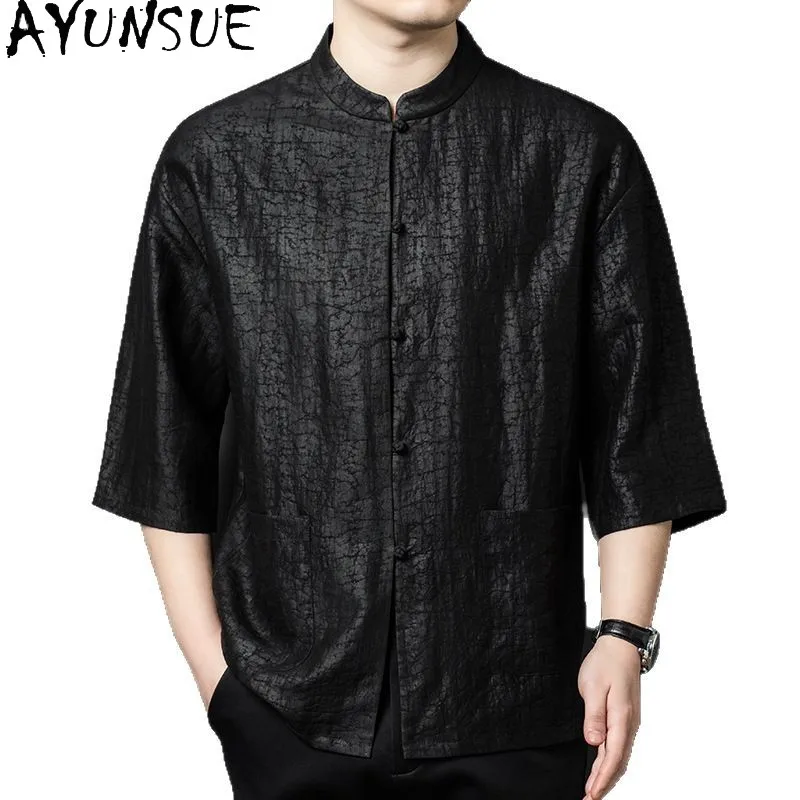 

Мужская рубашка AYUNSUE из 100% натурального шелка тутового шелкопряда, летняя коллекция 2026, модная рубашка с воротником-стойкой, винтажная мужская одежда, топы с рукавом три четверти