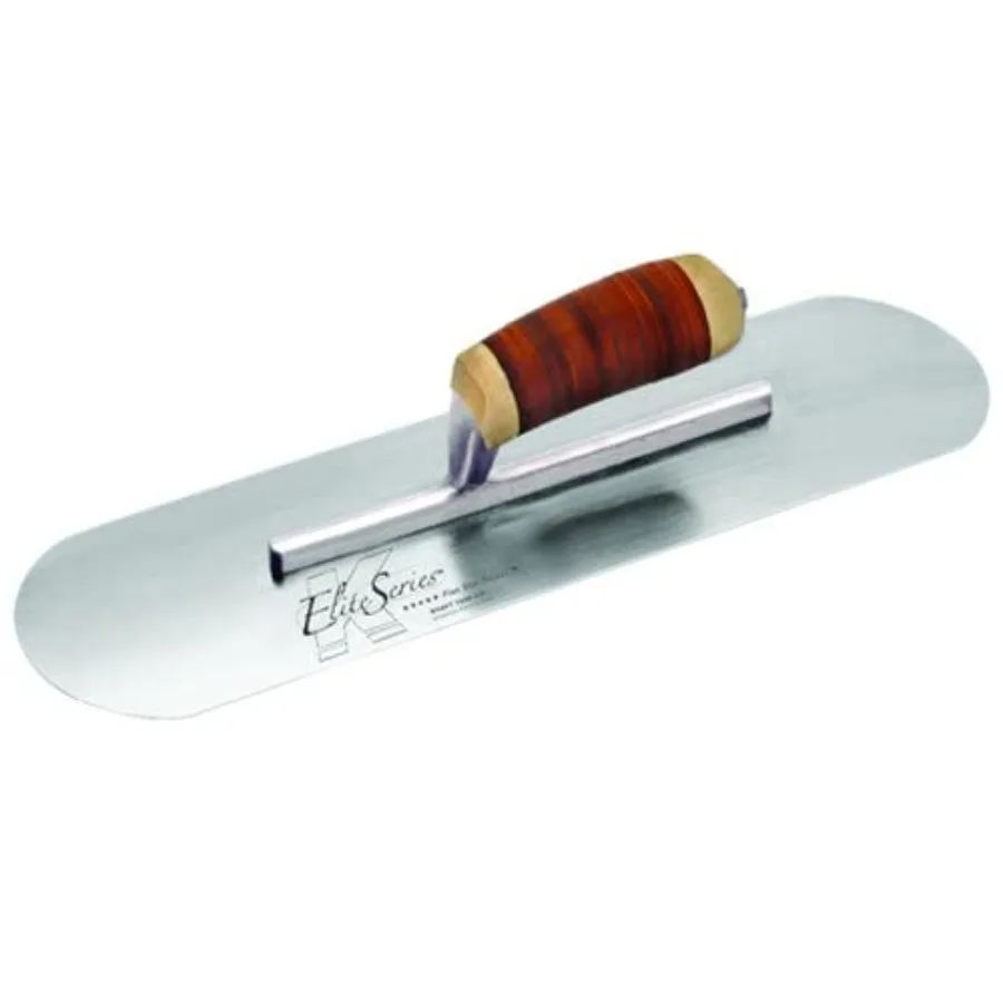 

Kraft Tool CFE449L 20"x4" Elite Series Five Star Carbon Steel Pool Trowel w/Leather Handle - 15-5/8" Shank