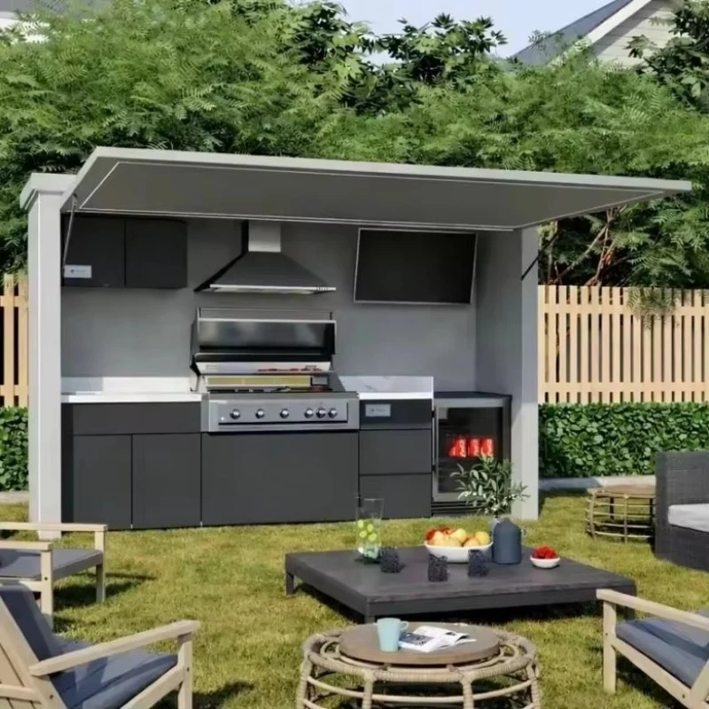 High Quality Stainless Steel Glass Outdoor Kitchen BBQ Island with Faucet Sink Base Cabinets-Dining Outdoor Furniture Set
