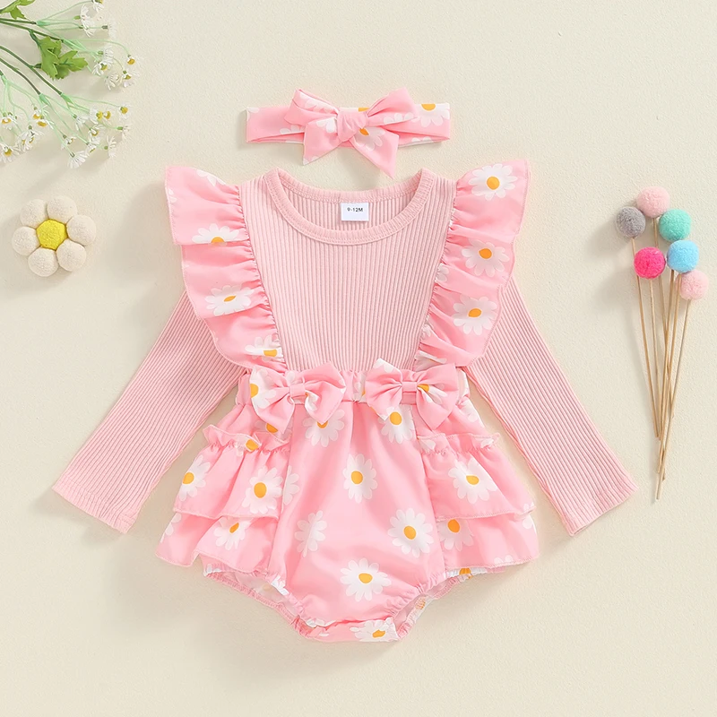 

2024 Fashion Baby Girl Rompers Ribbed Daisy Print Crew Neck Long Sleeve Jumpsuits Fall Clothes Bodysuits with Headband