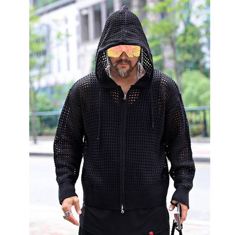 Damasco preto malha oco para fora proteção solar de grandes dimensões verão manga longa camisa dos homens com capuz moda coreana harajuku topo