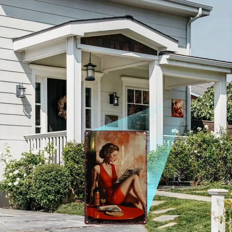 Vintage rode vrouw met boek metalen blikken bord, rustieke ijzeren muurkunst, 7,87x11,81inch, duurzaam aluminium voor huis- en pubdecoratie