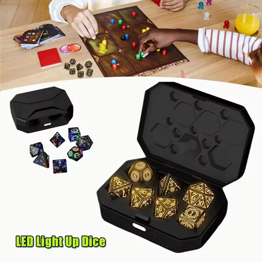 USB Rechargeable LED Light Up Dice 7PCS Set Glowing Polyhedral RPG DND Table Game Dice with Multiple Colors Modes for Adults