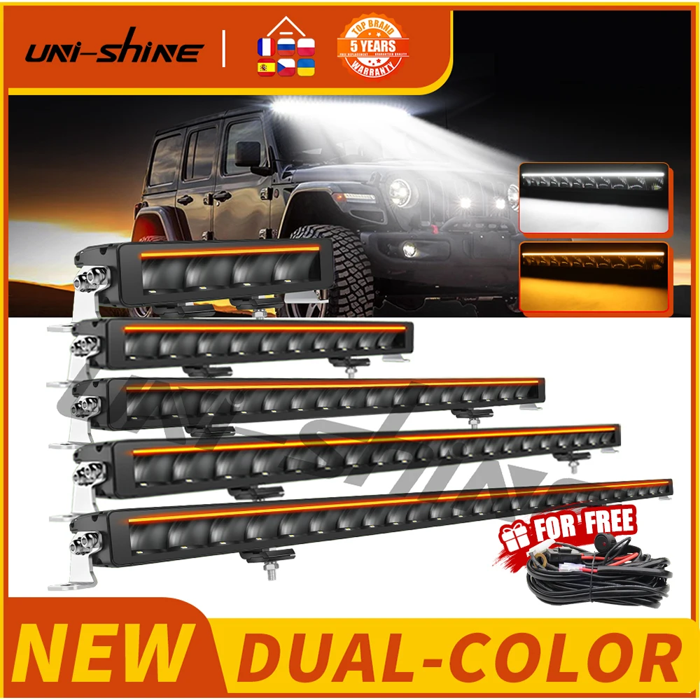 UNISHINE – réflecteur de capot, barre lumineuse LED 6000K ambre DRL, faisceaux d'inondation, barre lumineuse de travail 600W pour camions tout-terrain 4WD 4x4, 12V 24V