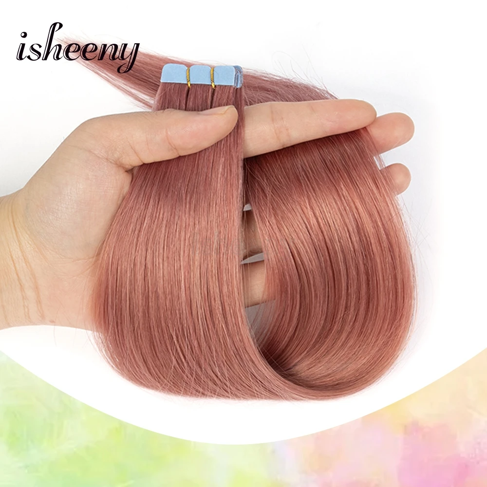 Isheeny ruban rose Pastel dans les Extensions de cheveux humains 10 pièces/pck Mini bande cheveux sur colle 12 16 20 pouces pièces de cheveux de couleur fantaisie