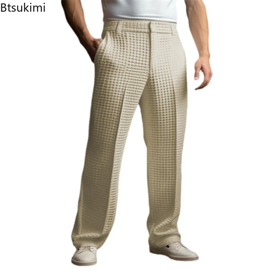 Novo 2026 masculino elegante waffle terno calças sólidas soltas calças retas negócios sociais vestido calças casuais calças de férias para homem
