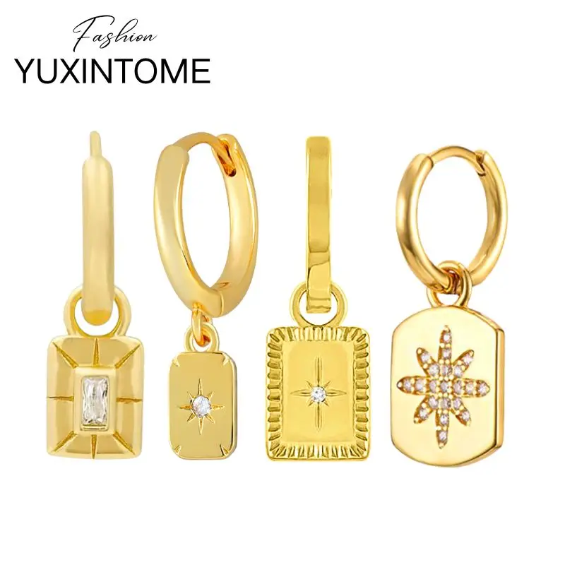 925 Sterling Silver Needle Vintage Square Pendant Hoop Earrings Exquisite Eight-pointed Star Earrings For Women Trend Jewelry